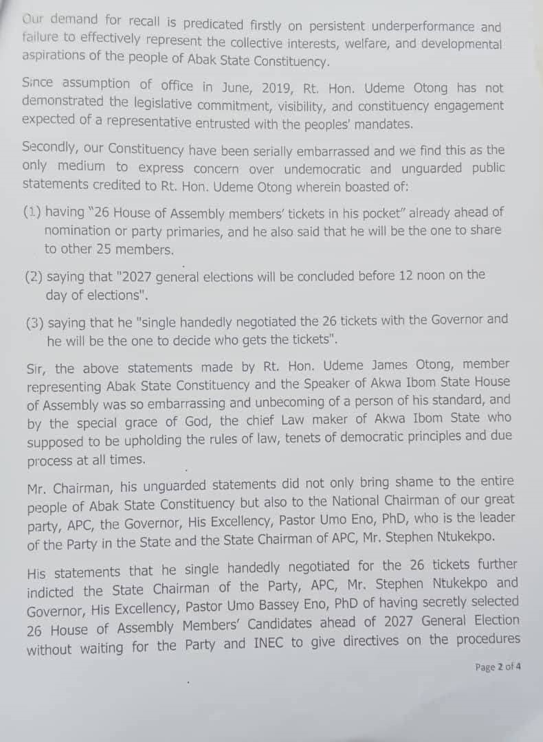 Petition To Recall Speaker Udeme Otong 2 - THEWILL NEWS MEDIA Petition To Recall Speaker Udeme Otong