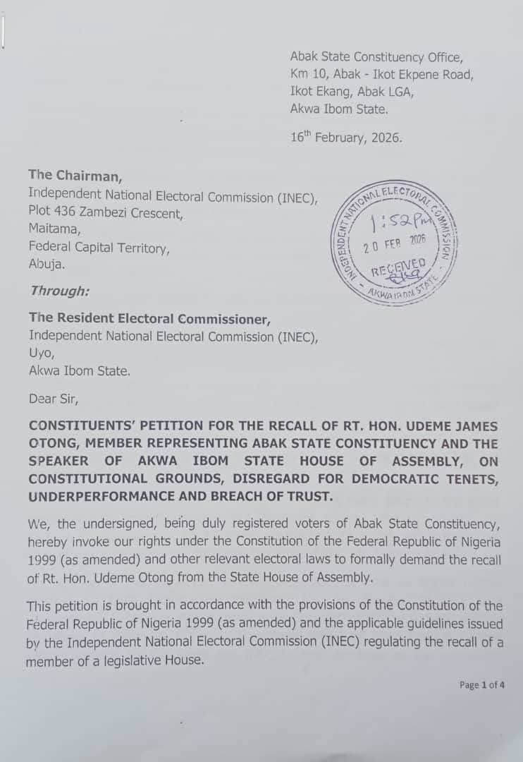 Petition To Recall Speaker Udeme Otong - THEWILL NEWS MEDIA Petition To Recall Speaker Udeme Otong