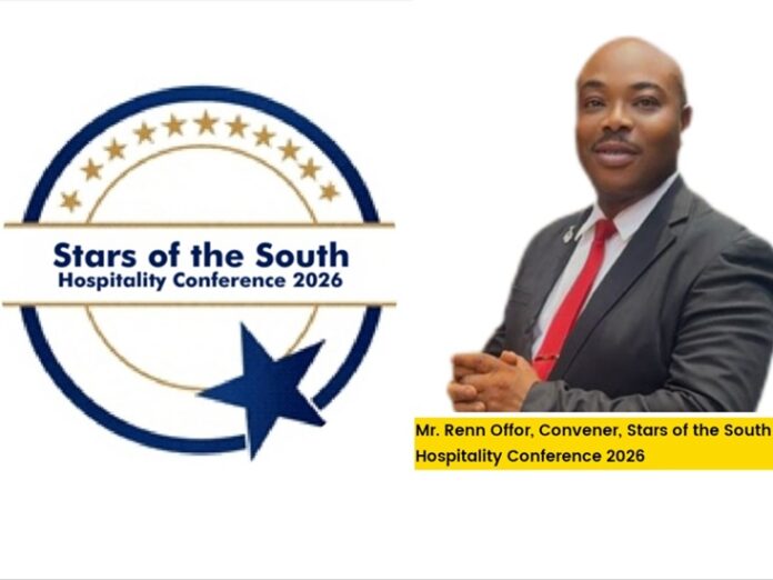 Hospitality Summit 2026 Left: Stars of the South Hospitality Conference 2026 logo; right: a man in a dark suit with a red tie, with a yellow caption block mentioning the convener.