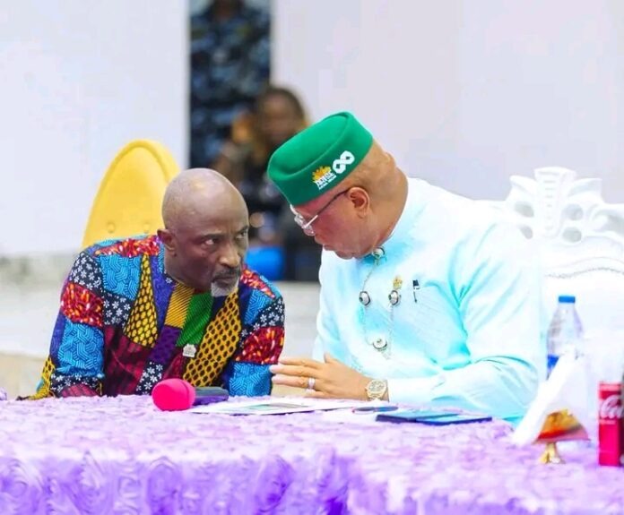Governor of Akwa Ibom State, Pastor Umo Eno, in a close discussion with a leader in his home town, Ikot Ekpene Udo, during the Easter gathering. Governor of Akwa Ibom State, Pastor Umo Eno, in a close discussion with a leader in his home town, Ikot Ekpene Udo, during the Easter gathering.