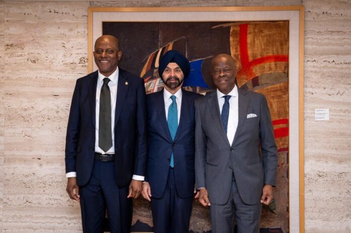 Meeting with the World Bank President: L-R: Governor of the Central Bank of Nigeria (CBN), Mr Olayemi Cardoso; the President of the World Bank Group, Mr Ajay Banga; and the Minister of Finance and Coordinating Minister of the Economy, Mr Wale Edun, following a strategic meeting as part of the Nigerian delegation’s engagements at the Spring Meetings of the International Monetary Fund (IMF) and the World Bank in Washington on Tuesday, April 14, 2026. Meeting with the World Bank President: L-R: Governor of the Central Bank of Nigeria (CBN), Mr Olayemi Cardoso; the President of the World Bank Group, Mr Ajay Banga; and the Minister of Finance and Coordinating Minister of the Economy, Mr Wale Edun, following a strategic meeting as part of the Nigerian delegation’s engagements at the Spring Meetings of the International Monetary Fund (IMF) and the World Bank in Washington on Tuesday, April 14, 2026.