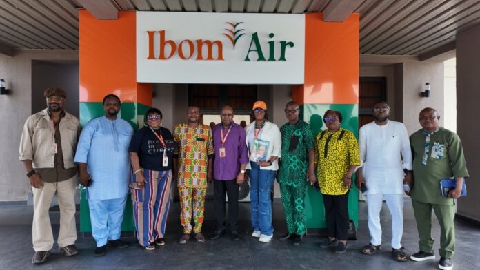 Chief Executive Officer of Ibom Air, George Uriesi, the Chairman Correspondents' Chapel of NUJ Akwa Ibom State Council, during the working visit to the airline’s headquarters at Victor Attah International Airport, Uyo, on Friday.