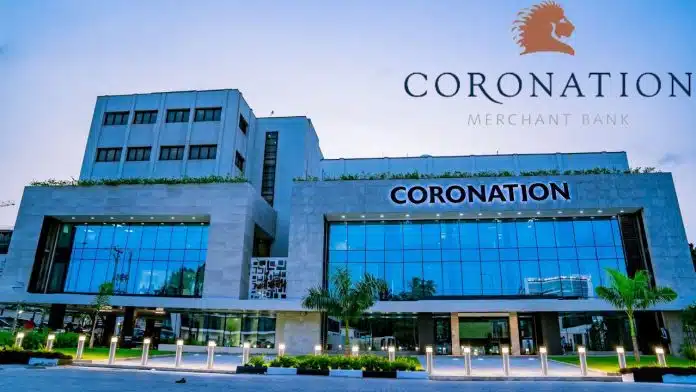 Facade of a modern bank building labeled 'Coronation Merchant Bank' with blue-tinted glass windows and palm trees in front.