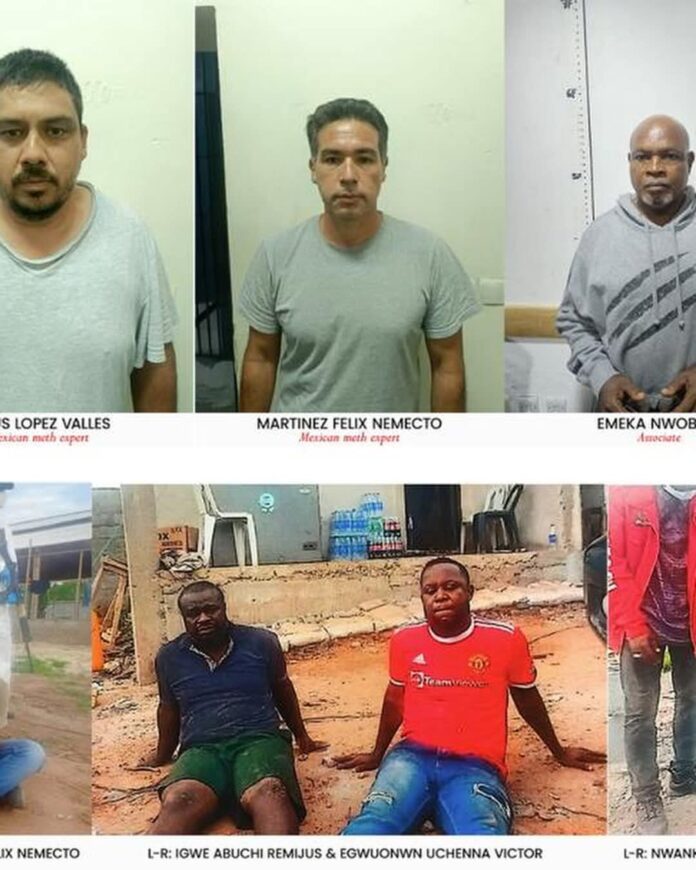 Collage of six photos: three mugshots on top with men in gray shirts, and two men sitting on a dusty street below near a damaged building; captions show names beneath each photo.