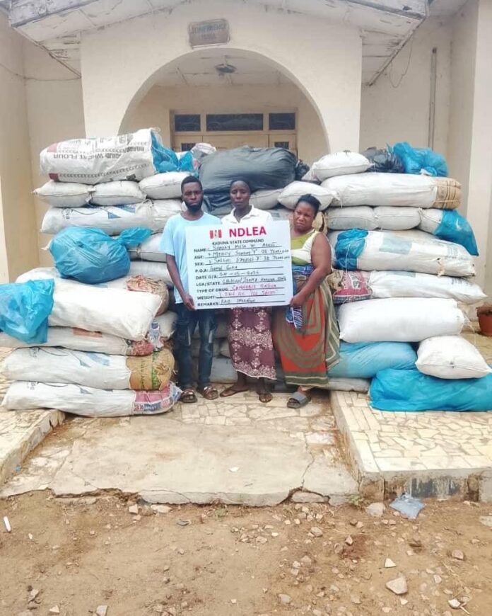 Three people stand in front of stacked sacks outside a building, holding an NDLEA information board.