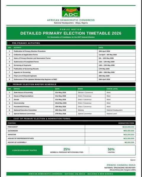 ADC Fixes May 25 Presidential Primary, Pegs Ticket At ₦100m ADC Fixes May 25 Presidential Primary, Pegs Ticket At ₦100m
