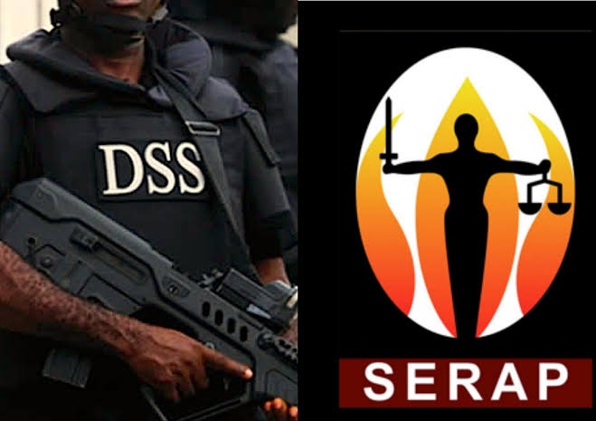 Serap, Dss Left: security officer wearing a DSS vest holding a rifle beside the SERAP emblem with scales of justice on fire-like backdrop; right: SERAP logo