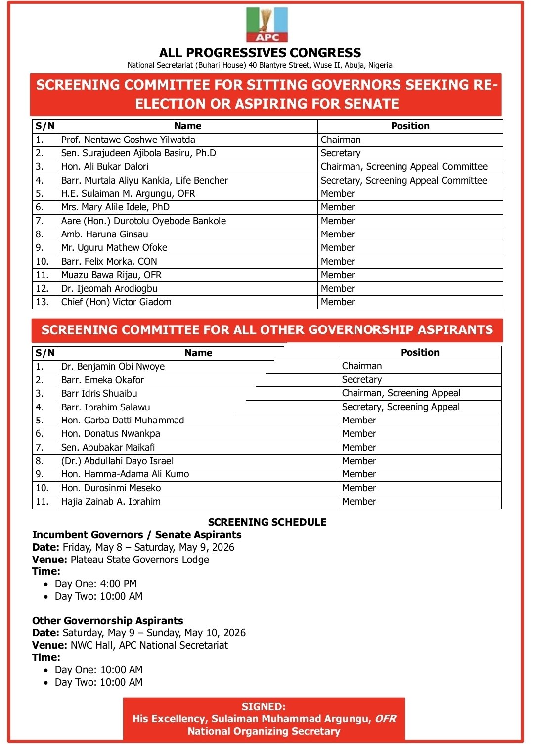 APC screening committee poster listing governors and aspirants with names and positions, plus scheduling info
