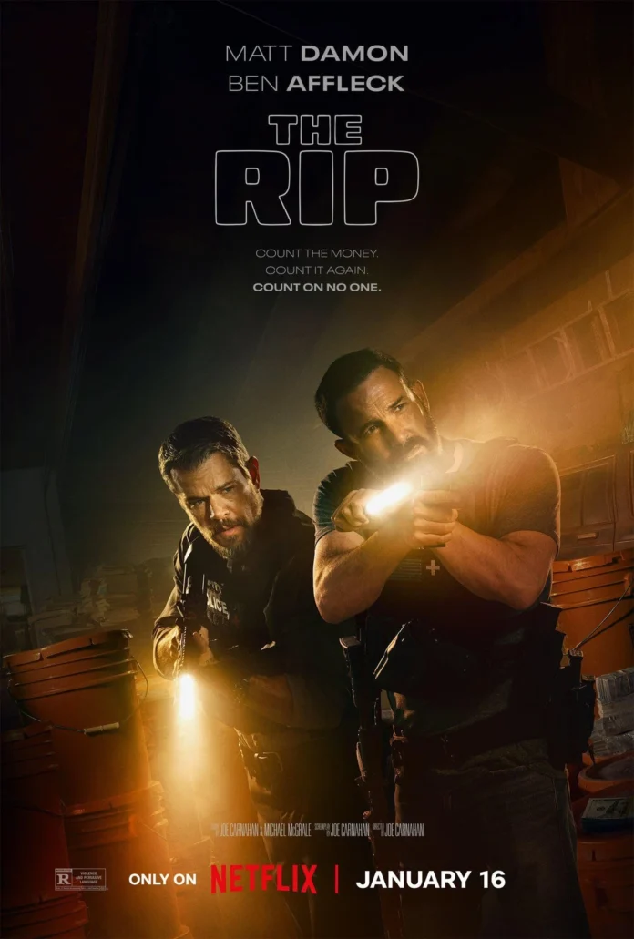 Movie poster for The RIP: two rugged men in tactical gear in a dim, industrial setting with a bright flashlight flare; Netflix Jan 16 text below.