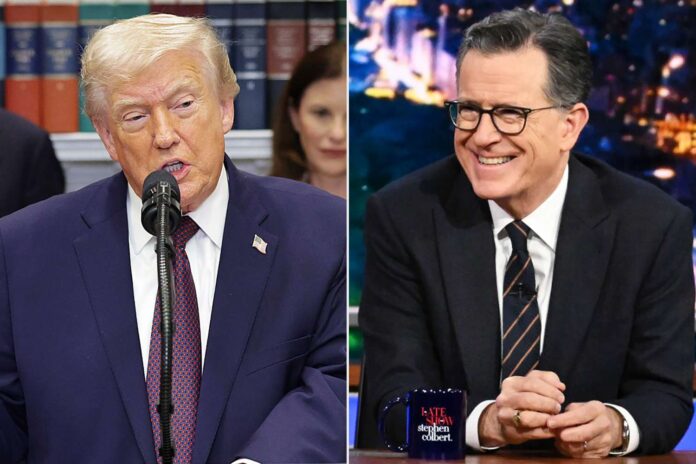 donald-trump-the-late-show-with-stephen-colbert-122425-703d16cdf758484893d22008aeddea6c Left: former President Donald Trump speaks into a microphone in a dark blue suit and red patterned tie; right: Stephen Colbert smiles while seated at a desk with a black suit and striped tie.