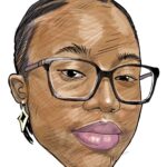 Stylized headshot of a person with short hair, large glasses, pink lipstick, and a diamond-shaped earring in the left ear.