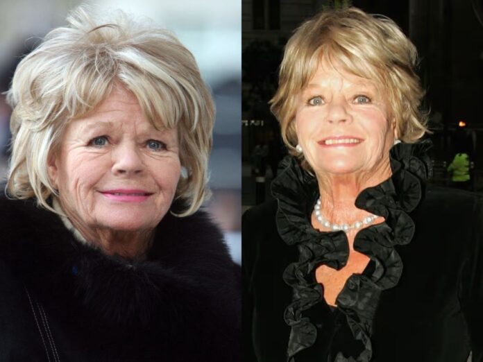 Two side-by-side portraits of an older woman with short blonde hair: left in a black fur-curled coat, right in a black ruffled blouse with a pearl necklace.