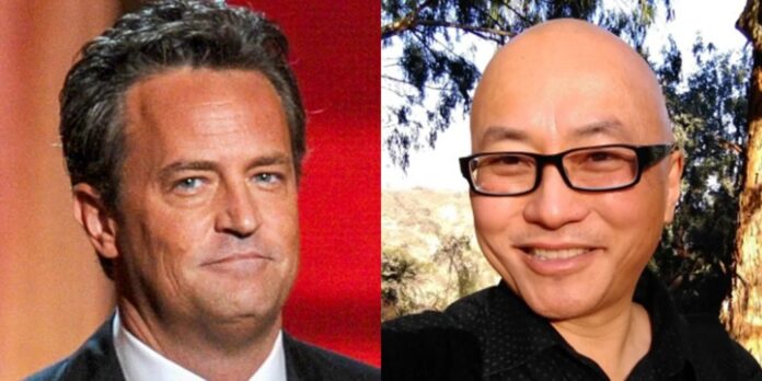 matthew-perry and Kenneth Iwamasa Split-screen portrait of two men: left is in a suit with dark hair, right is a smiling bald man with glasses outdoors