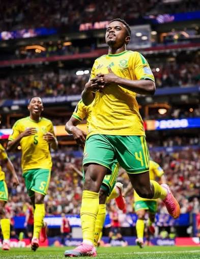 South Africa Brazilian soccer players celebrate on the field during a match; foreground player wears number 4 in yellow and green.