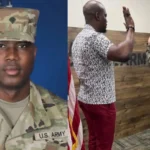 Nollywood Actor Joseph Momodu Begins New Chapter As U.S. Army Soldier Two-panel image: left panel shows a U.S. Army soldier in camouflage with name tag 'MOMODU' in front of an American flag; right panel shows a man in a patterned shirt high-fiving a soldier in uniform beside a wooden wall and flags.
