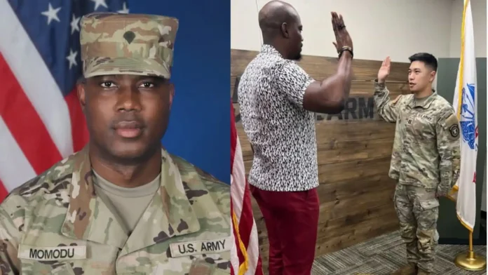 Two-panel image: left panel shows a U.S. Army soldier in camouflage with name tag 'MOMODU' in front of an American flag; right panel shows a man in a patterned shirt high-fiving a soldier in uniform beside a wooden wall and flags.