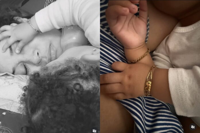 Left: mother resting in hospital bed with a breathing tube near her mouth; right: baby’s wrist adorned with a gold bracelet.
