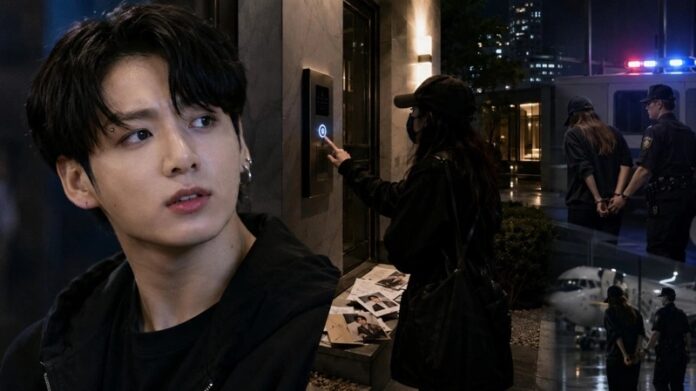 BTS - Bungkook Young man in a black jacket gazes off to the side as a nighttime city scene shows a woman at a building intercom and police with a patrol car in the background.