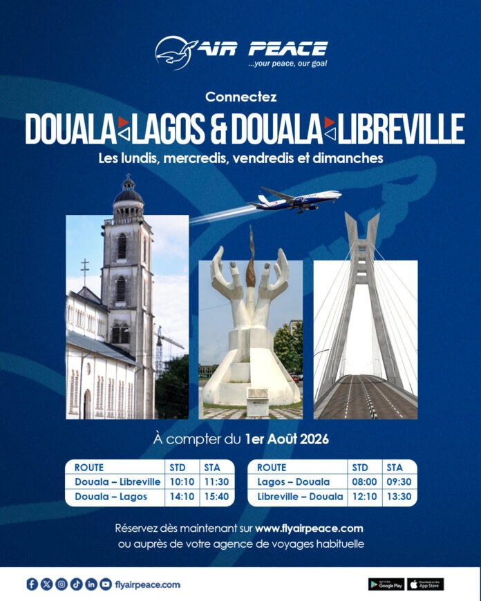 Air Peace promotional poster announcing Douala–Libreville and Douala–Lagos routes with launch date and timetable.