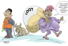 THEWILL EDITORIAL: Curbing Expanding e-Payment Frauds Political cartoon showing a government official with a leash on a dog while a thief runs off with a huge sack labeled LOOT, taunting that he loots immediately.