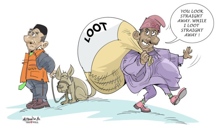 Political cartoon showing a government official with a leash on a dog while a thief runs off with a huge sack labeled LOOT, taunting that he loots immediately.