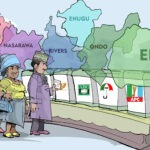 By-elections in Six States: Oyebanji Wins Ekiti Gov. with Landslide as APC Picks Kano, Ondo, Enugu, PDP in Rivers Voters in a queue beside ballot boxes with party logos (APC, PDP, ADP) in front of a colorful map of Nigerian states including Ekiti.