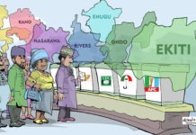 By-elections in Six States: Oyebanji Wins Ekiti Gov. with Landslide as APC Picks Kano, Ondo, Enugu, PDP in Rivers Voters in a queue beside ballot boxes with party logos (APC, PDP, ADP) in front of a colorful map of Nigerian states including Ekiti.