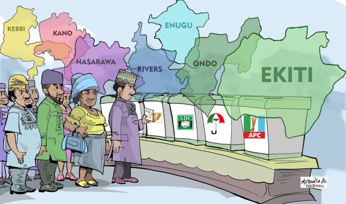EKITI ELECTIONS Voters in a queue beside ballot boxes with party logos (APC, PDP, ADP) in front of a colorful map of Nigerian states including Ekiti.