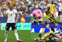 England Frustrated by Resilient Ghana in Goalless World Cup Stalemate Collage of a soccer match: an England player in white with number 9 celebrating, with action scenes of yellow kits and a pink goalkeeper in the background