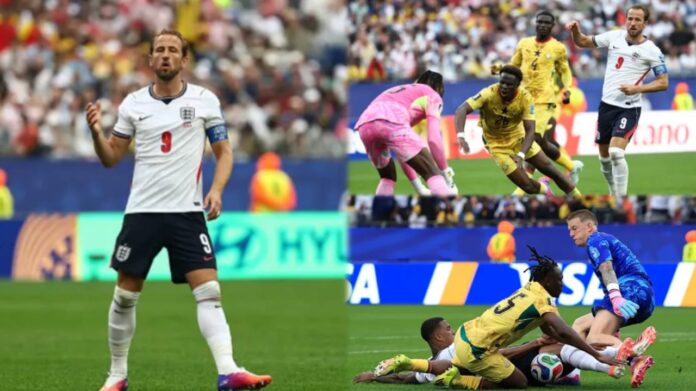 Collage of a soccer match: an England player in white with number 9 celebrating, with action scenes of yellow kits and a pink goalkeeper in the background