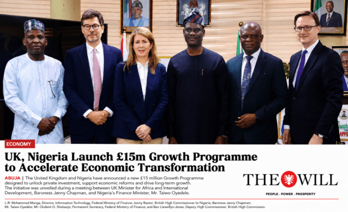L-R: Senior officials of the Federal Ministry of Finance and members of the United Kingdom delegation led by UK Minister for Africa and International Development, Baroness Jenny Chapman, during a high-level meeting with Nigeria's Minister of Finance and Coordinating Minister of the Economy, Mr Taiwo Oyedele, in Abuja on Thursday, where both countries announced a new £15 million UK–Nigeria Growth Programme to accelerate economic reforms, attract investment and strengthen bilateral cooperation. Six officials in formal attire pose for a photo at a press event announcing the UK‑Nigeria £15m Growth Programme. Framed portraits and flags are in the background.