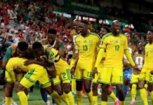 South Africa claimed a hard-fought 1–0 win over South Korea Jamaican national soccer players in yellow celebrate on the field amid a cheering crowd.