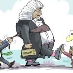 2027 General Election: INEC, Nigerians Worry Over Judiciary Interference in Affairs of Political Parties Judiciary figure stomps forward as INEC pulls 2027 Elections sign and an opposition member waves a banner, depicting political control.