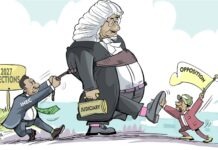 2027 General Election: INEC, Nigerians Worry Over Judiciary Interference in Affairs of Political Parties Judiciary figure stomps forward as INEC pulls 2027 Elections sign and an opposition member waves a banner, depicting political control.
