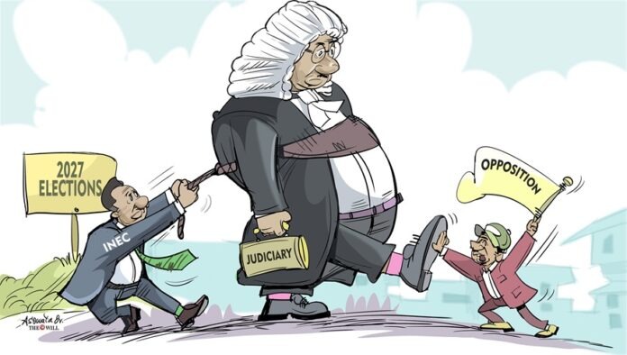 INEC JUDICIARY OPPOSITION01 Judiciary figure stomps forward as INEC pulls 2027 Elections sign and an opposition member waves a banner, depicting political control.