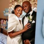 Nollywood Actress Ini Dima-Okojie Announces Arrival Of Baby Boy With Husband Triptych showing a mother in a hospital bed cradling her newborn, a wedding photo of a smiling couple, and a swaddled newborn on a blue background with a heart sticker over the face.