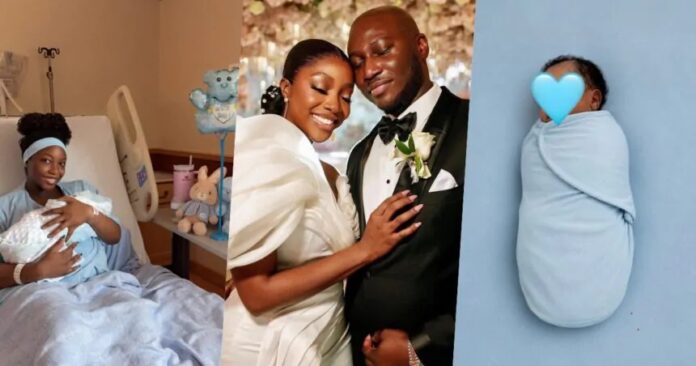 Ini-Dima-Welcomes-her-first-child Triptych showing a mother in a hospital bed cradling her newborn, a wedding photo of a smiling couple, and a swaddled newborn on a blue background with a heart sticker over the face.