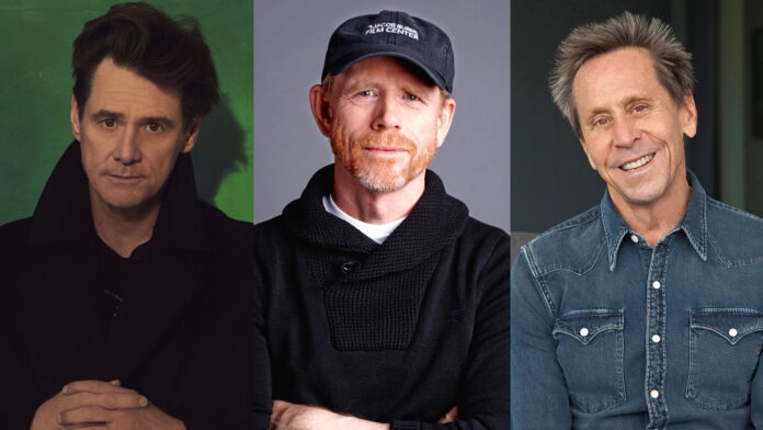 Jim-Carrey-Ron-Howard-and-Brian-Grazer-Split-Publicity-H-2026 Collage of three men posing, left in a black coat against a green backdrop, center with a cap and red beard in a black sweater, right in a denim shirt smiling.