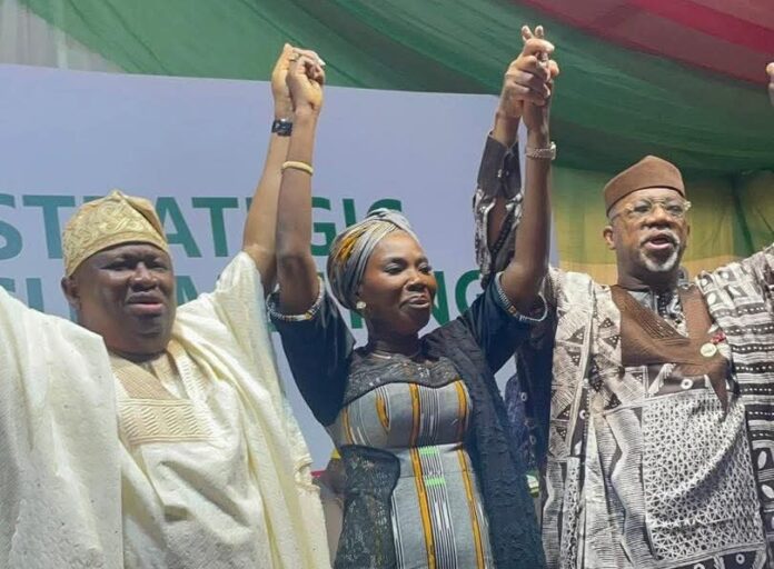 Kudirat Three people on a stage, two men and a woman, raise their clasped hands in celebration behind a banner.