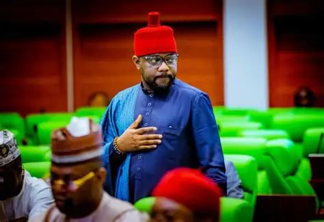 OIP-2026-06-03T223630.464 Man in blue traditional attire and red cap standing in a conference hall with bright green seats, placing his right hand over his chest as others sit nearby.