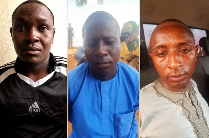 image. Three men are shown in vertical panels: left in a black Adidas shirt looking at the camera, middle with eyes closed in a blue tunic, right in a light embroidered top inside a car.