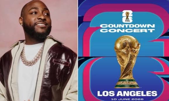 Two-panel image: left shows a smiling male rapper with a gold chain and brown jacket; right shows a FIFA World Cup Countdown Concert poster for Los Angeles, with the trophy on a blue-pink background.