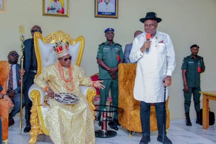 Governor of Bayelsa State, Senator Douye Diri, on Thursday, visited the new monarch of Atissa Kingdom, King Diemeze Victor Awala Governor of Bayelsa State, Senator Douye Diri, on Thursday, visited the new monarch of Atissa Kingdom, King Diemeze Victor Awala