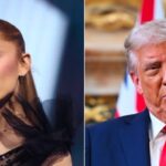 Ariana Grande Slams White House Over Use of Her Song in Immigration Video Split image with two individuals: left a young woman in a dark, sheer dress looking toward the camera; right a man in a navy suit and red tie speaking in a formal room.