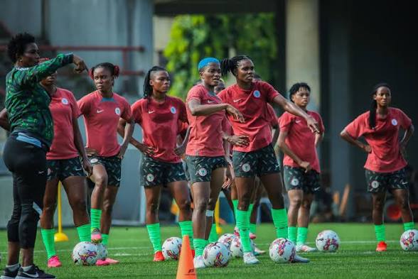 Captain Rasheedat Ajibade leads the Super Falcons during a training session ahead of Saturday's international friendly against Ghana's Black Queens.