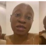 Nollywood Rising Star Cynthia Anijekwu Opens Up On Cancer Fight, Pleads For Financial Support Triptych selfie of a bald person making different facial expressions, wearing a light-colored top and scarf-like wrap against a plain background.