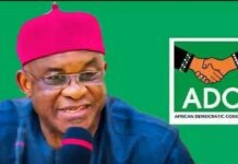 Appeal Court Nullifies David Mark-Led ADC State Congresses, Throws Atiku’s 2027 Presidential Ambition Into Uncertainty Portrait of a man in a pink cap speaking into a microphone, with an ADC (African Democratic Congress) logo on a green background.