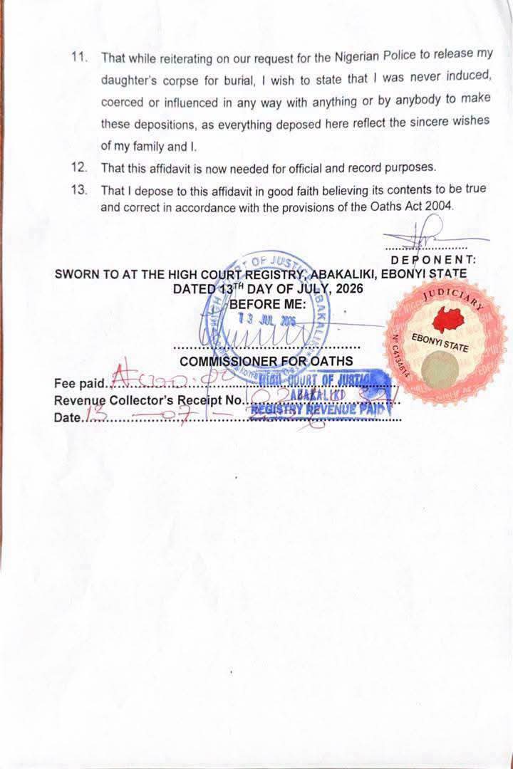 Page of an official affidavit with sworn statements, blue circular stamps, and a red Ebonyi State seal; fields for fees and revenue receipt are visible.