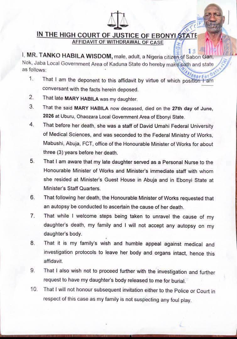 FB_IMG_1784202585539 - THEWILL NEWS MEDIA Affidavit document from Ebonyi State High Court with scales of justice icon, official stamp, and a photo of a man in the upper right; contains 10 numbered statements signing details of a case.