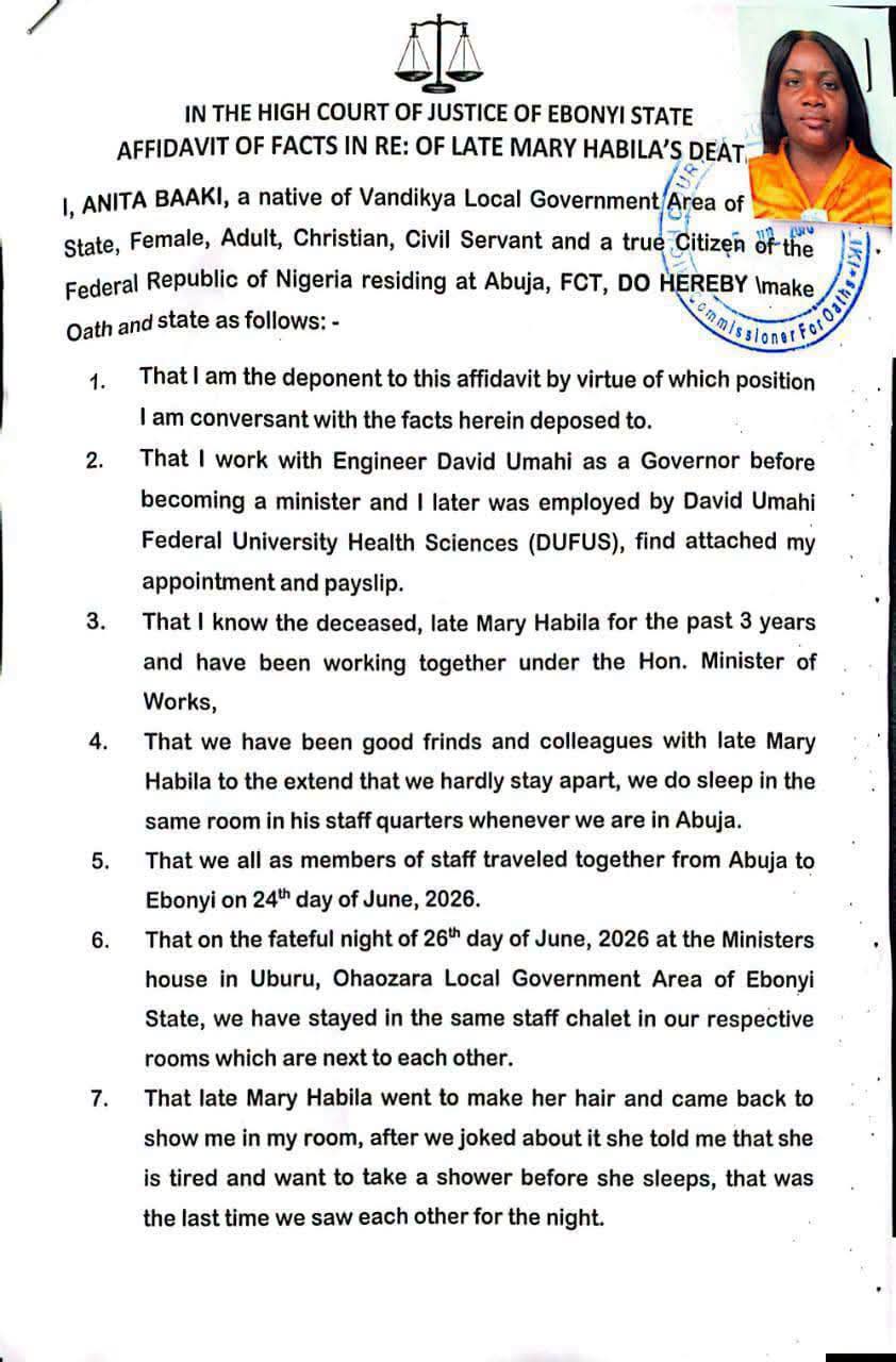 FB_IMG_1784203275322 - THEWILL NEWS MEDIA Affidavit page from Ebonyi State High Court about the death of Mary Habila, with an official stamp and a photo of a woman in orange.